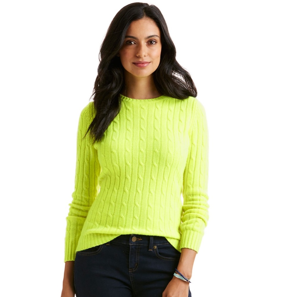 Vineyard Vines Cashmere Coral Lane Cable knit Crew Neck Sweater Bright Citron - Picture 1 of 11